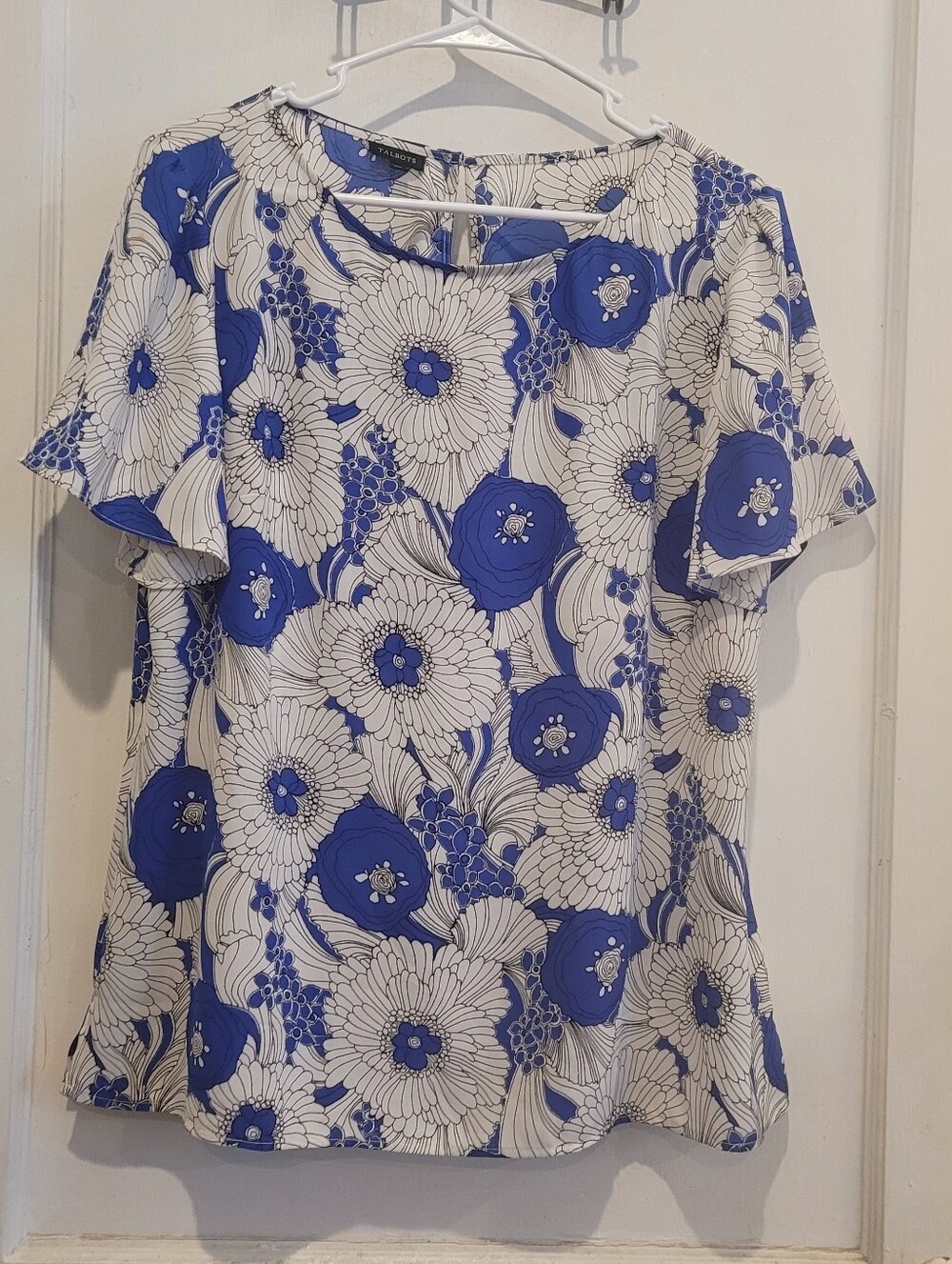 Women's Talbots Size Large White Blue Floral Polyester Blouse